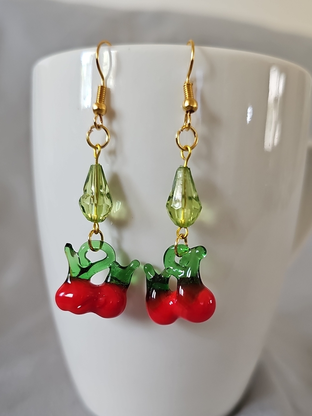 Handmade Red & Green Cherry Dangle Earrings